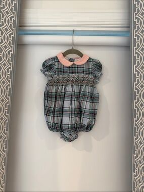 Beautiful Plaid Smocked Baby One-Piece with Pink Collar